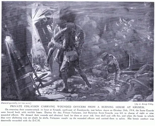 Private Finlayson gewann ein DCM für das Tragen verwundeter Offiziere aus einem brennenden Haus in Kruseik im Oktober 1914
